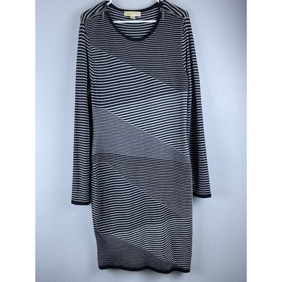 Mchael Kors Sz L Black White Geometric Layered Knit Shoulder Zippers Dress - Picture 2 of 13